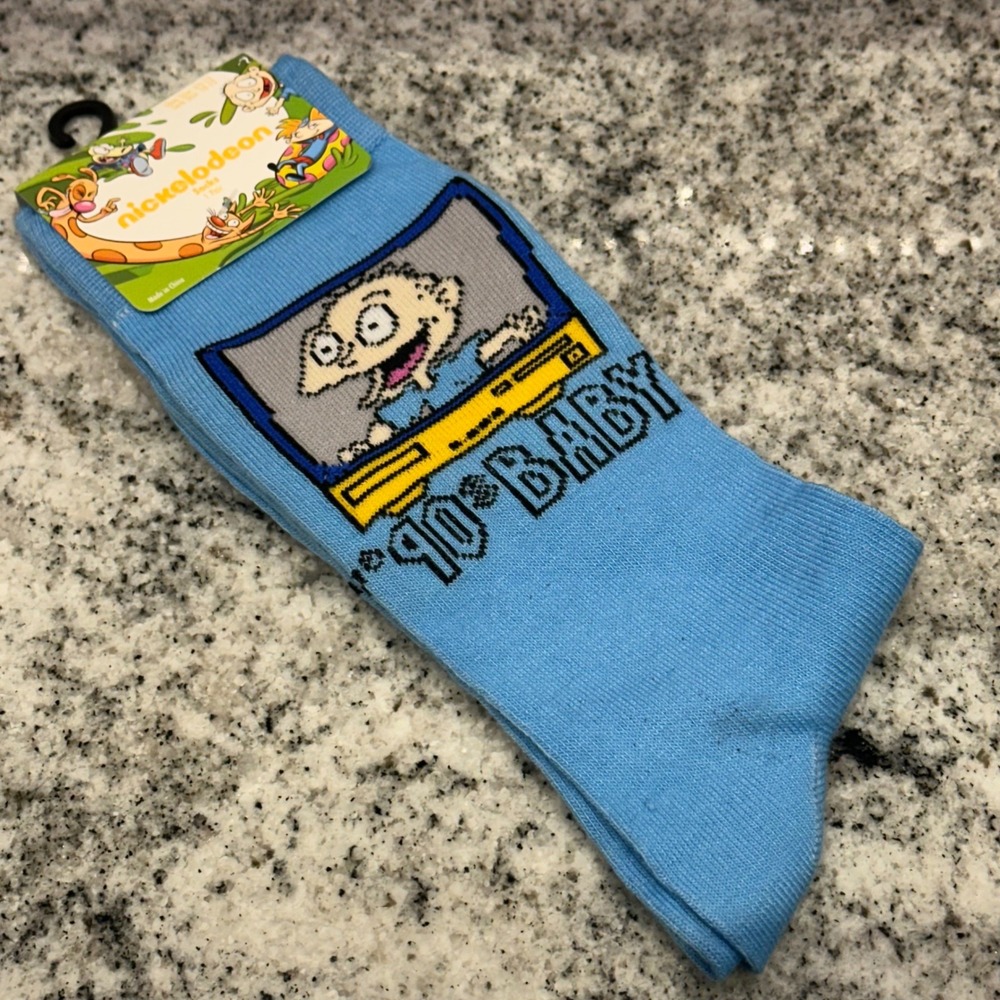 Nickelodeon Mens 10-13 Crew Socks Blue Rugrats Tommy Pickles 90s Baby Retro